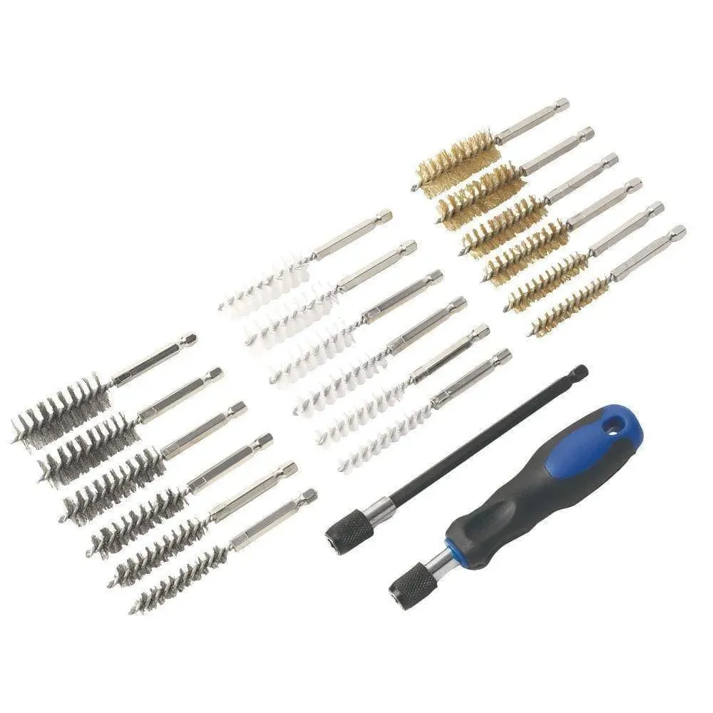 20Pc Spiral Thin Wire Brush Set Brass Hex Head Handle Drill Bit Pipe Cleaner Kit