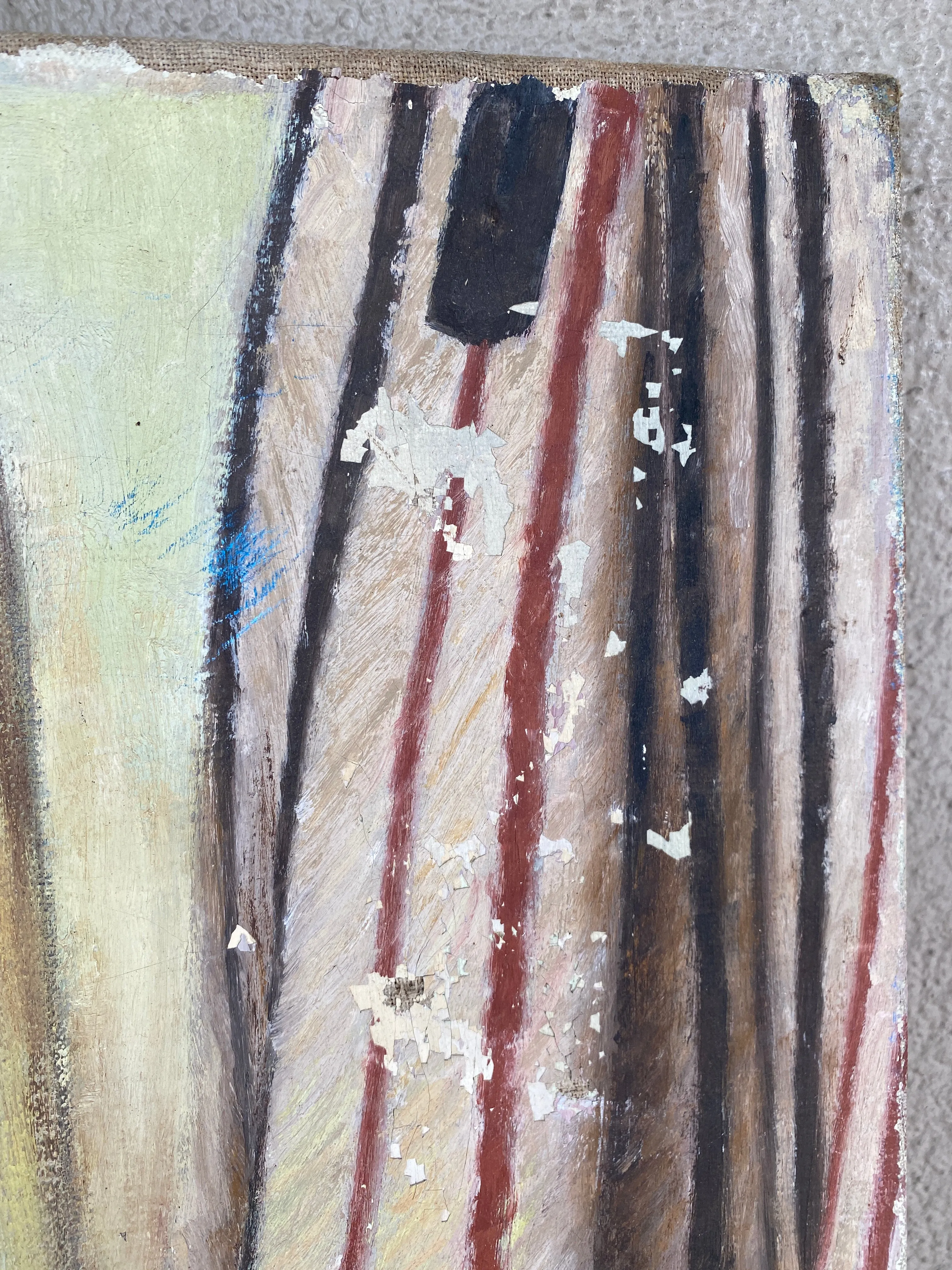 Antique Distressed French Painting of Bagpipes & Chair