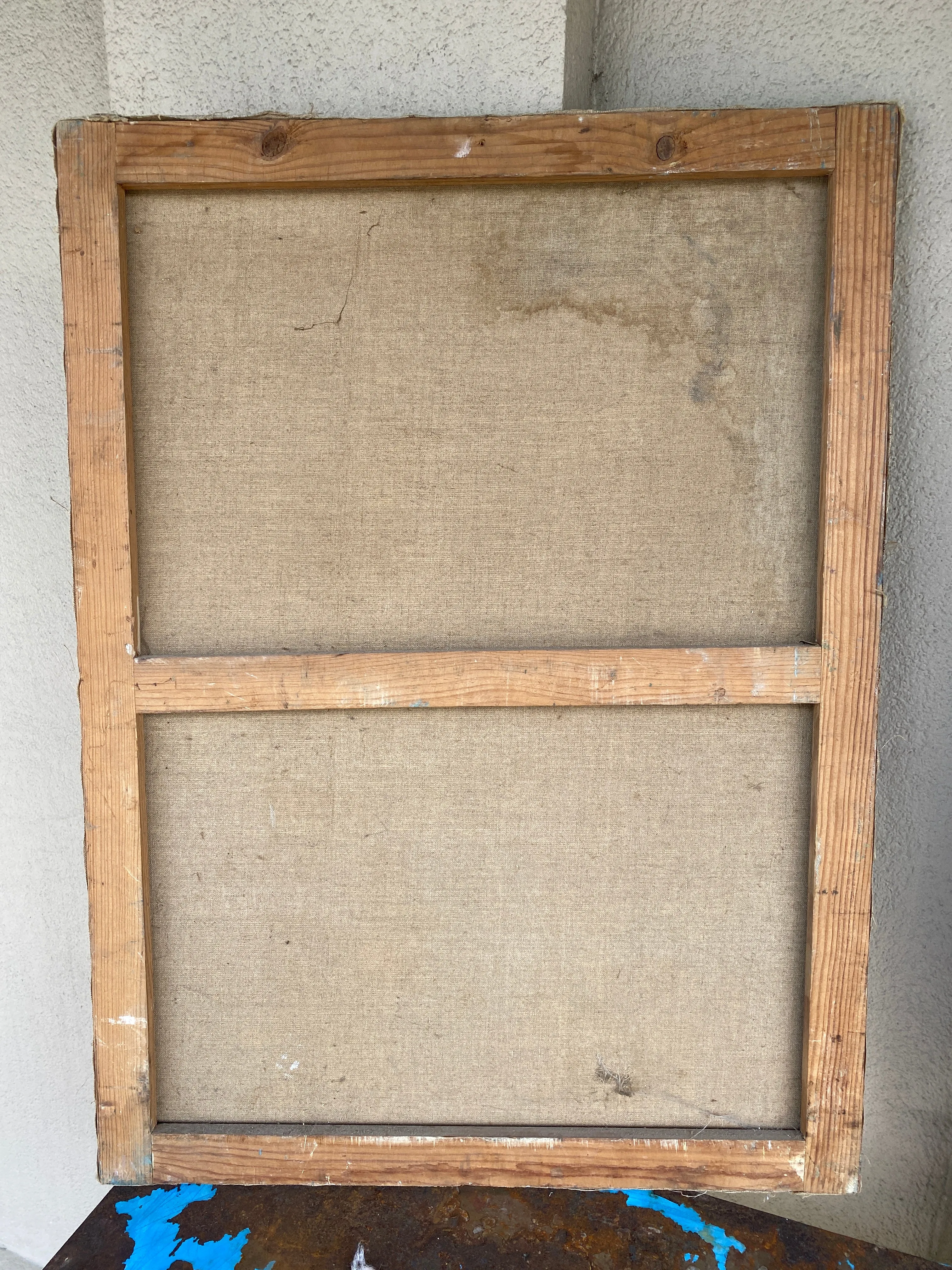Antique Distressed French Painting of Bagpipes & Chair