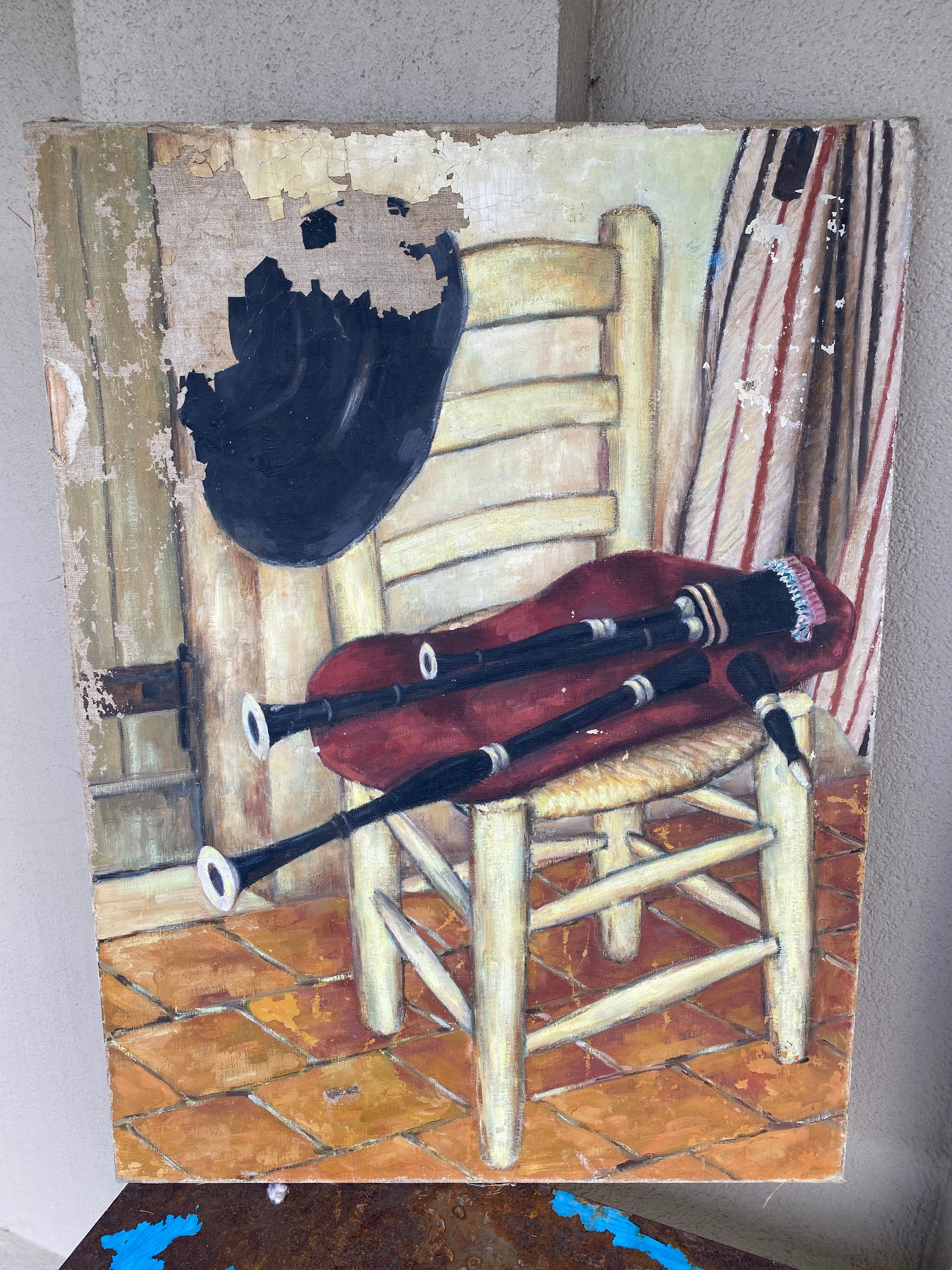 Antique Distressed French Painting of Bagpipes & Chair