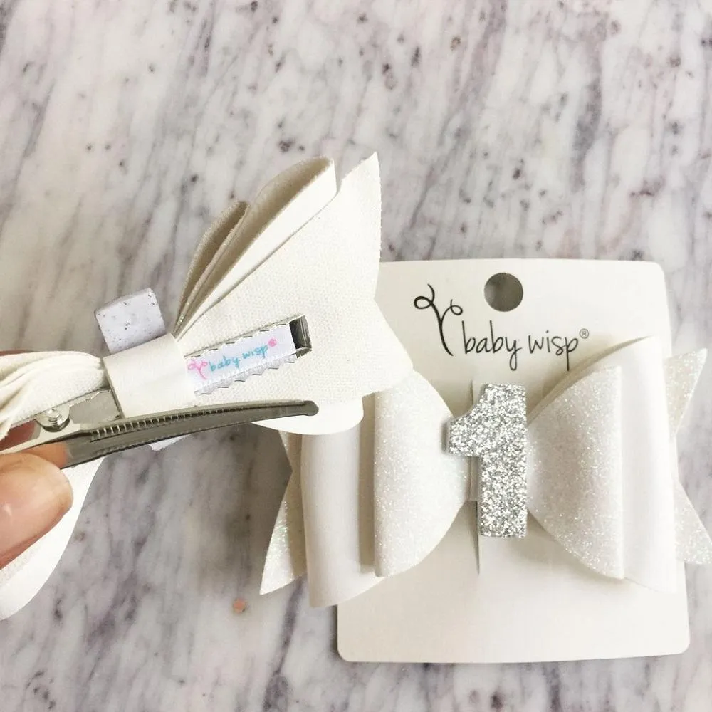 Baby Wisp First Birthday Glitter Bow Pinch Hair Clip (White & Silver)