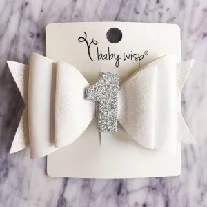 Baby Wisp First Birthday Glitter Bow Pinch Hair Clip (White & Silver)