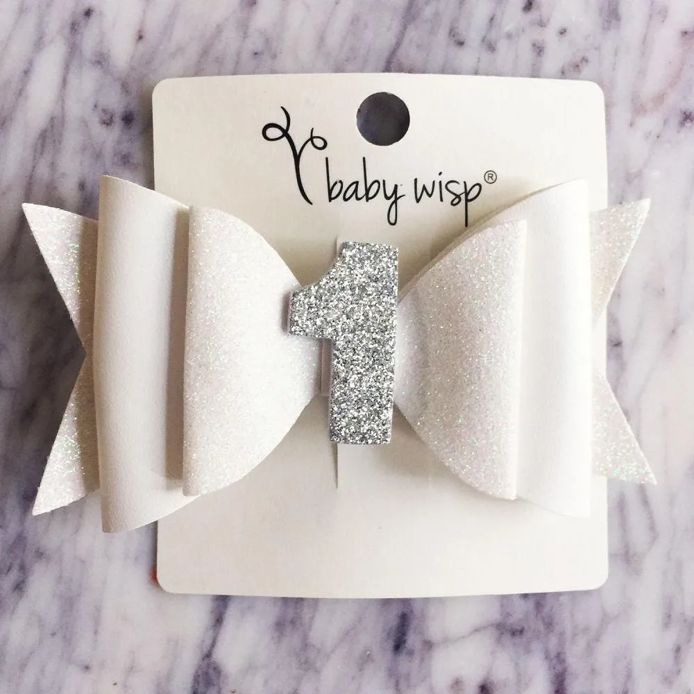Baby Wisp First Birthday Glitter Bow Pinch Hair Clip (White & Silver)