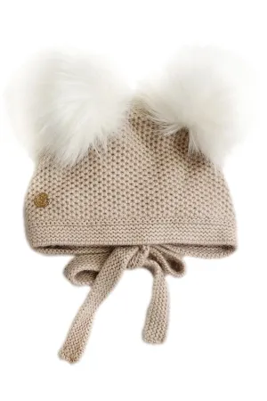 Beige Cashmere Faux Fur Pom Pom Bonnet
