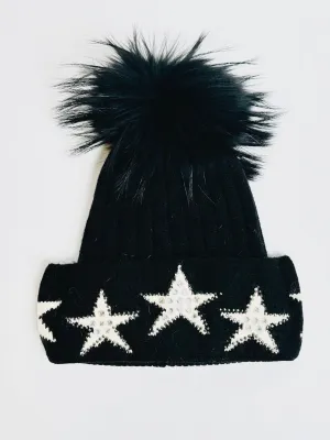 Black Beauty Cashmere Blend Beanie With Pom Pom