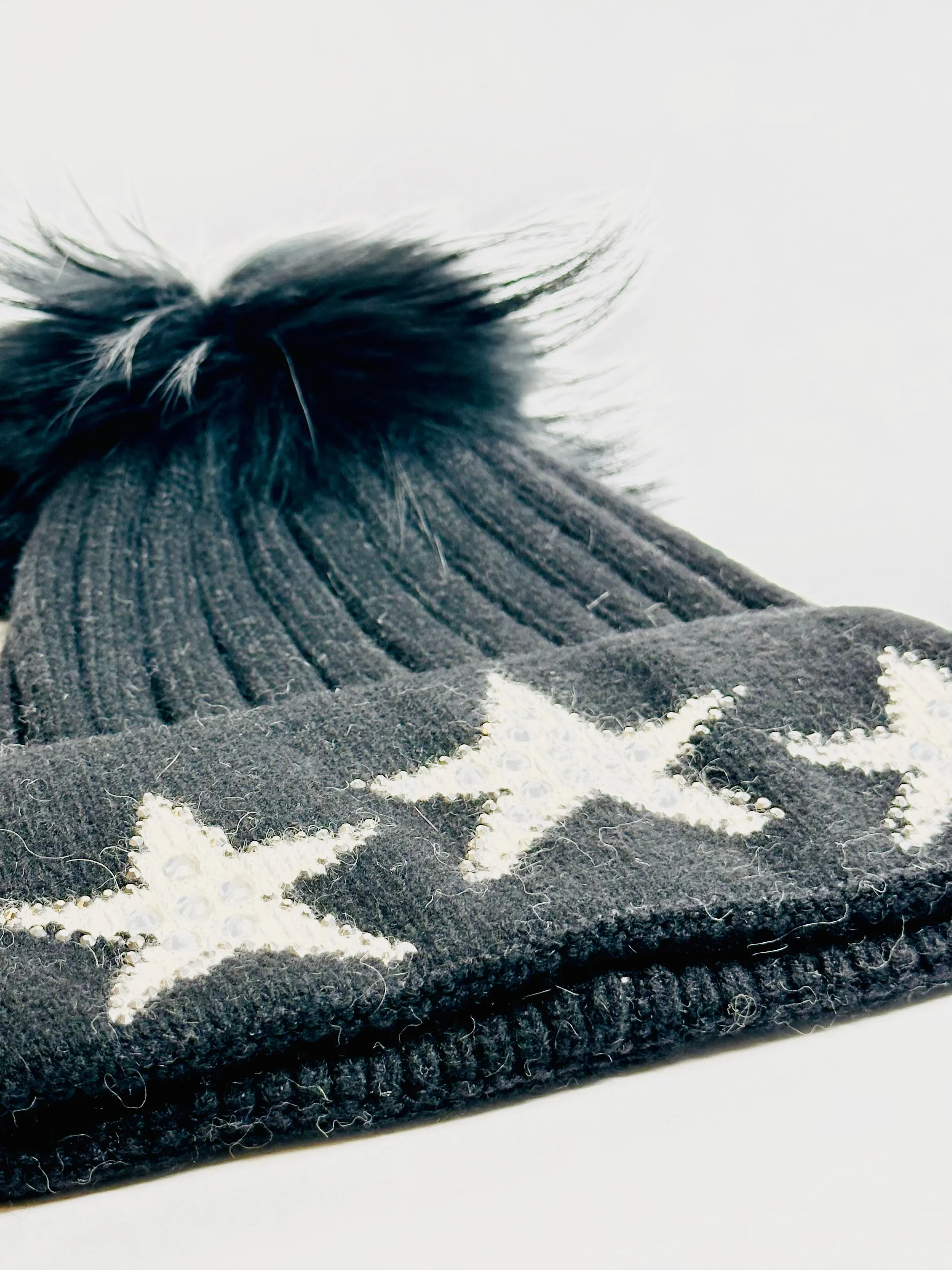 Black Beauty Cashmere Blend Beanie With Pom Pom