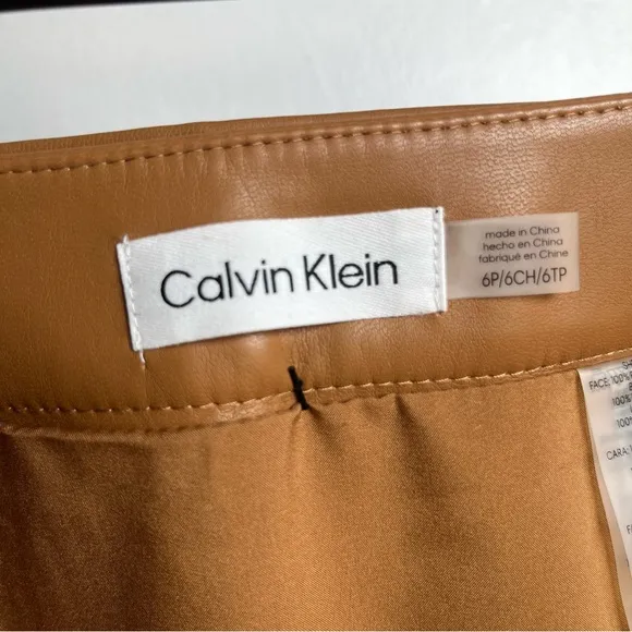 Calvin Klein Faux Leather Belted Skirt New Brown/Tan Size 6 Petite.