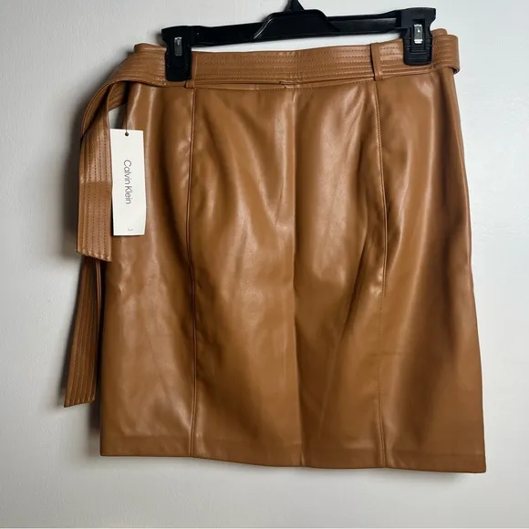 Calvin Klein Faux Leather Belted Skirt New Brown/Tan Size 6 Petite.