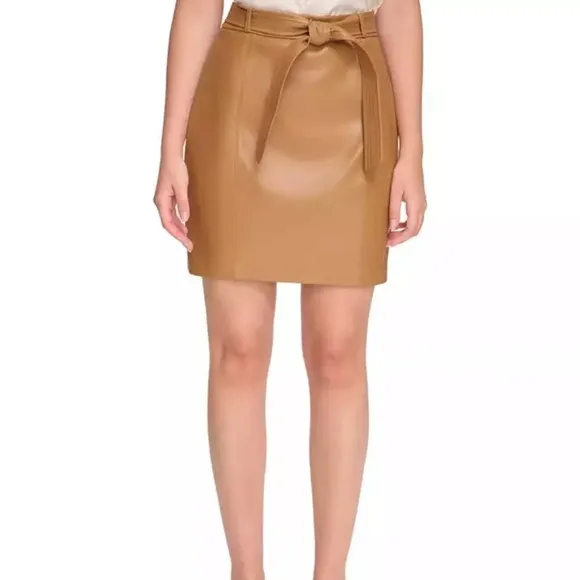 Calvin Klein Faux Leather Belted Skirt New Brown/Tan Size 6 Petite.