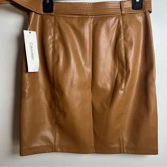 Calvin Klein Faux Leather Belted Skirt New Brown/Tan Size 6 Petite.