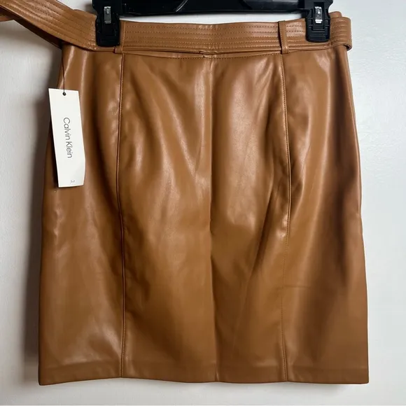Calvin Klein Faux Leather Belted Skirt New Brown/Tan Size 6 Petite.