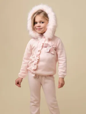 Caramelo Kids Pink Knitted Tracksuit with Faux Fur Hood Trim