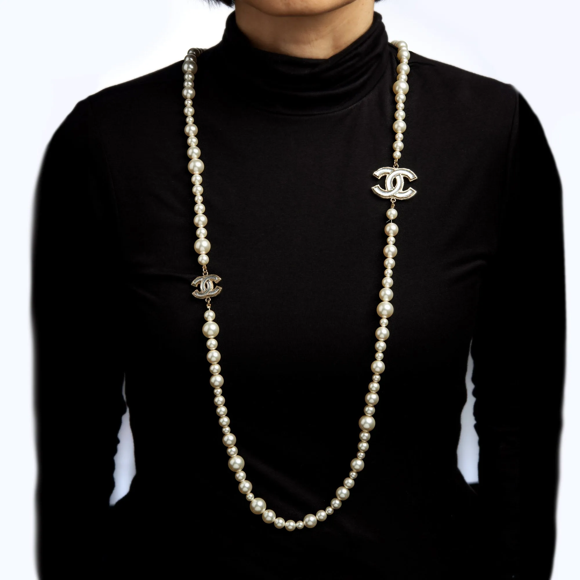 Chanel Faux White Pearl Graduated Necklace Long 48" Circa 2012 Belt