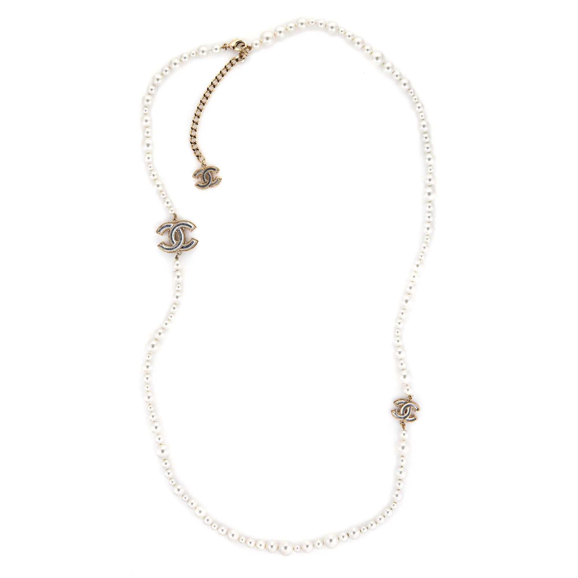 Chanel Faux White Pearl Graduated Necklace Long 48" Circa 2012 Belt