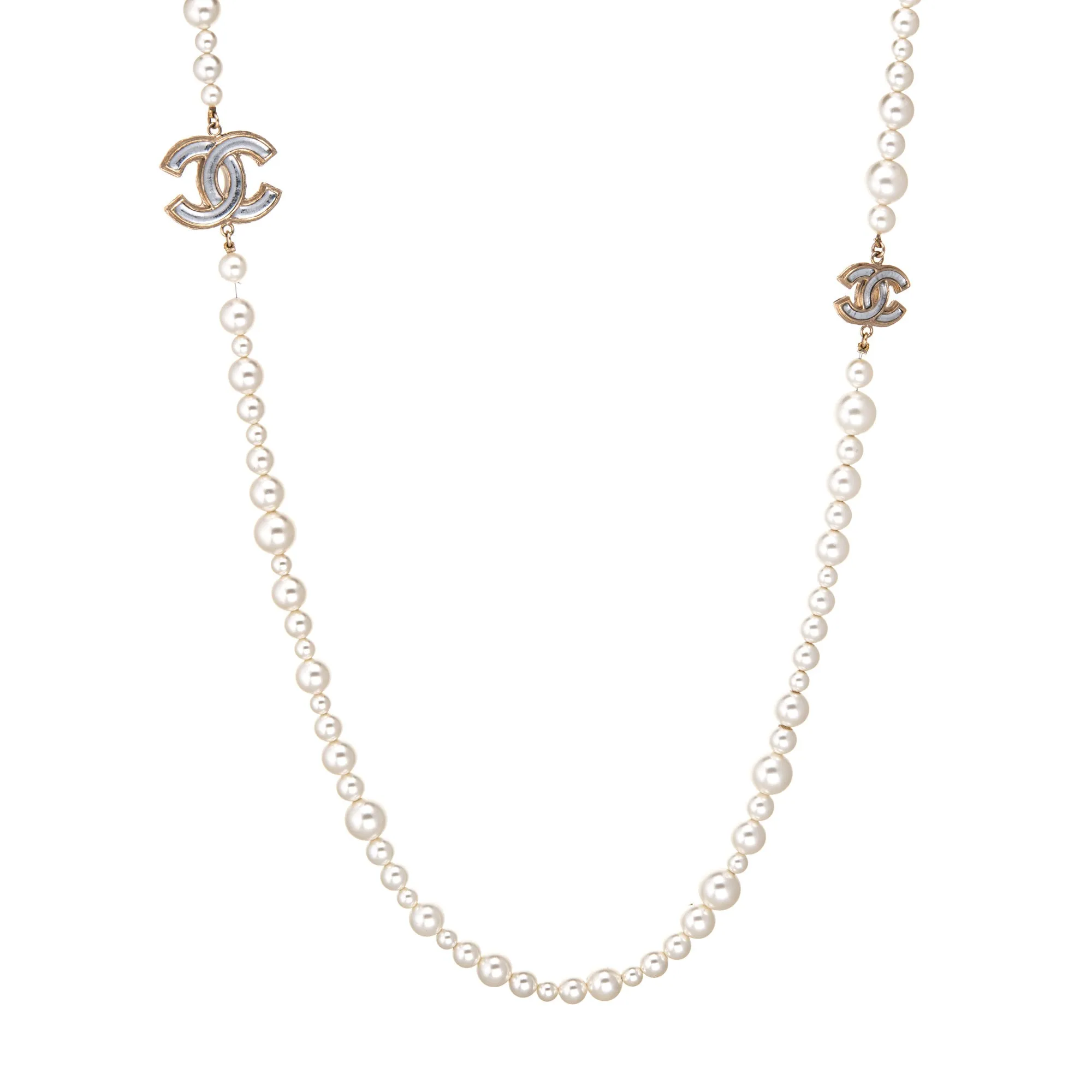 Chanel Faux White Pearl Graduated Necklace Long 48" Circa 2012 Belt