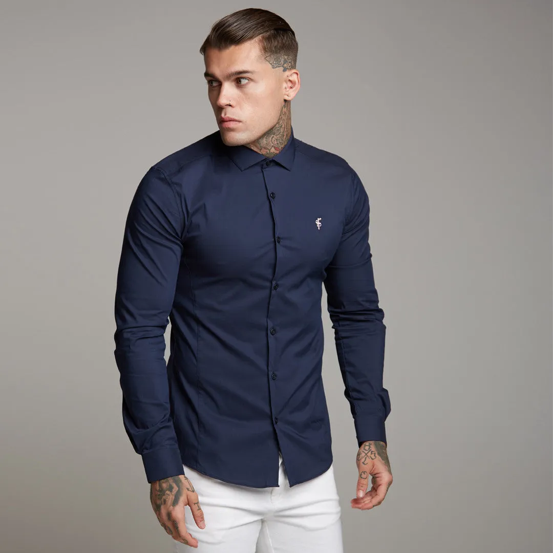Father Sons Super Slim Stretch Classic Navy Panel Shirt (Pink embroidery) - FS321