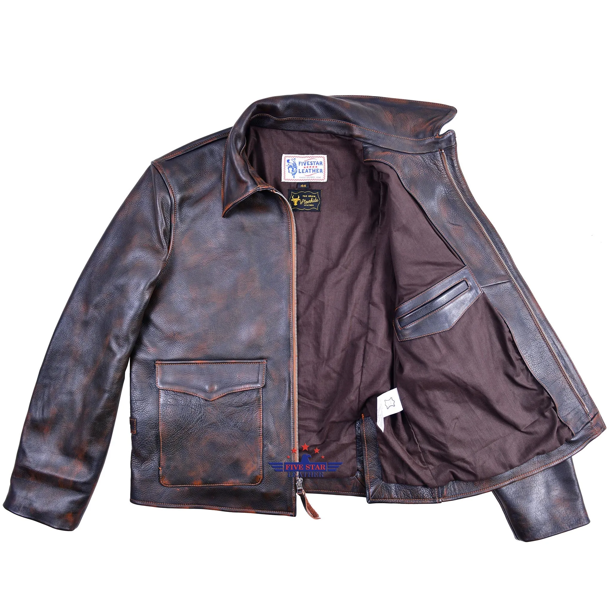 FiveStar Leather Crusader Jacket Steerhide Distressed Leather Brown