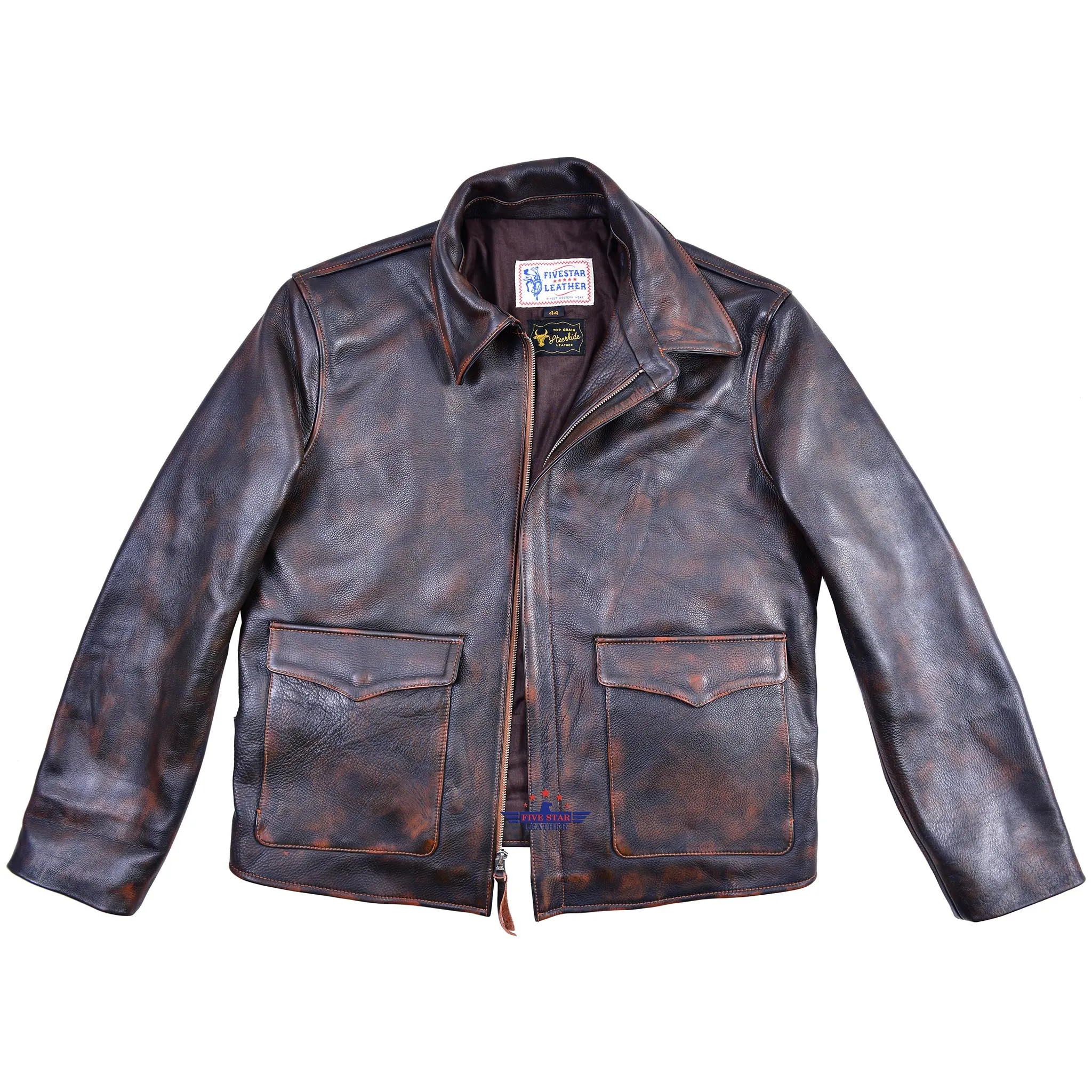 FiveStar Leather Crusader Jacket Steerhide Distressed Leather Brown