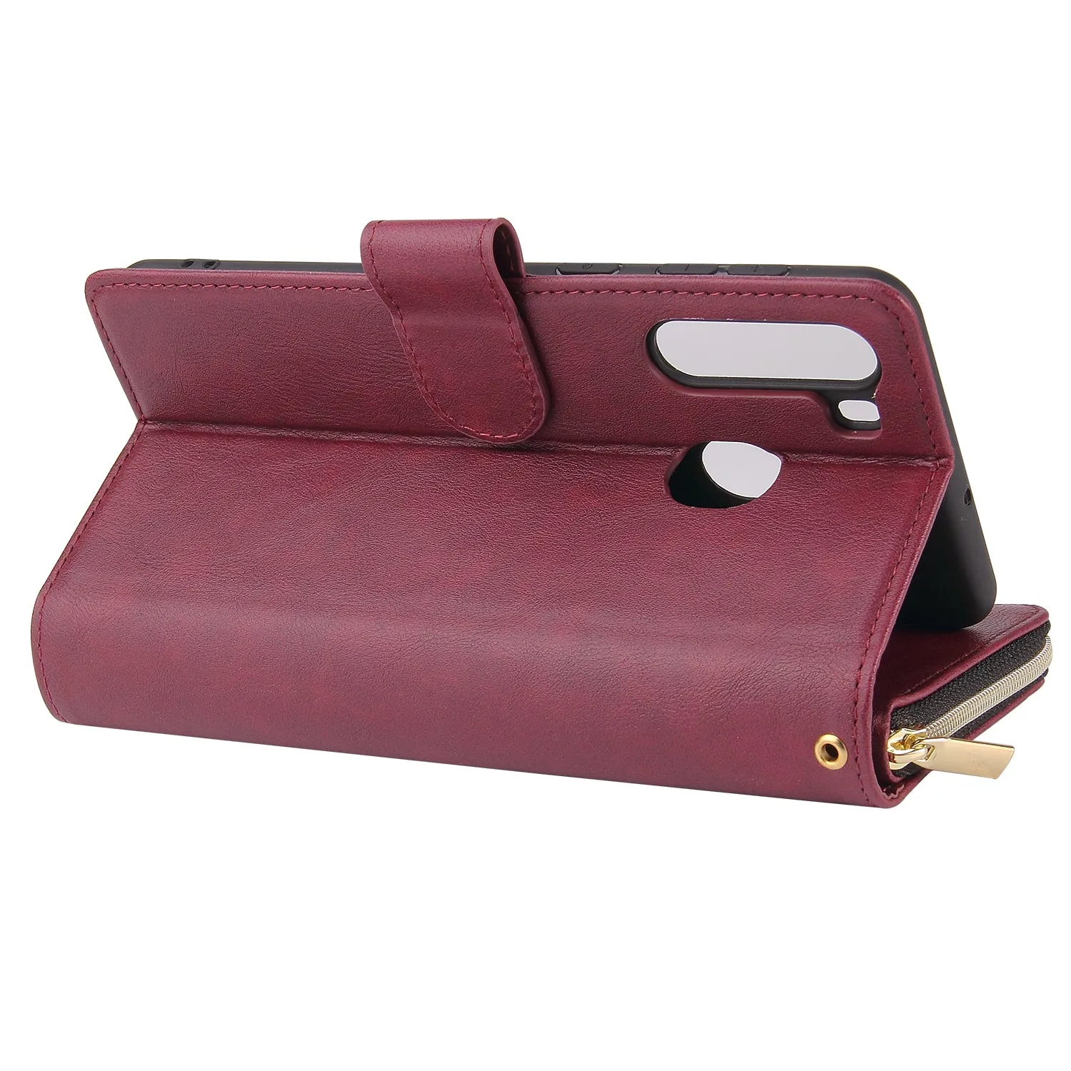 For Samsung A01/A21/A31/A41/A51 Pu Leather  Mobile Phone Cover Zipper Card Bag   Wrist Strap Red wine