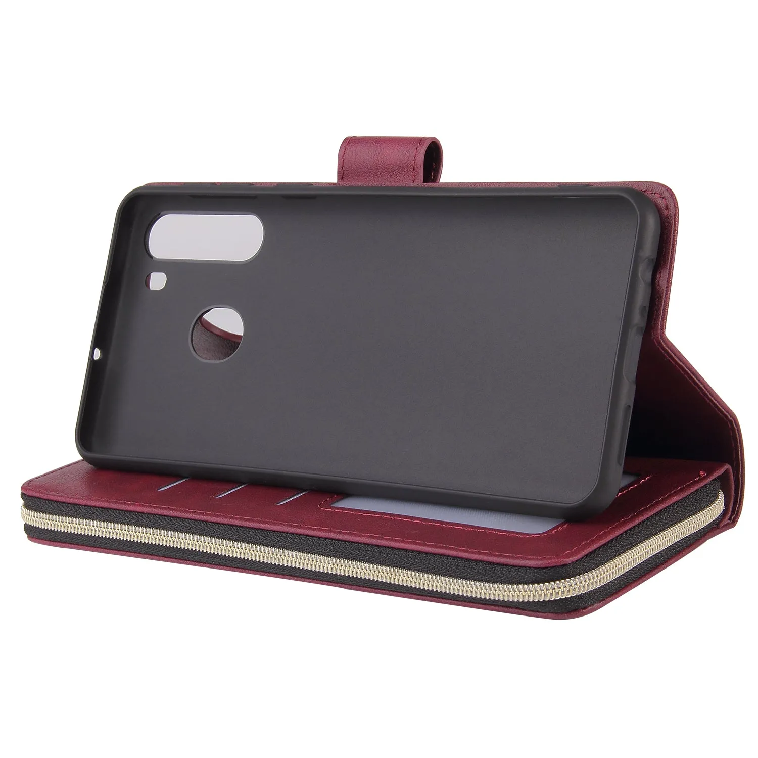 For Samsung A01/A21/A31/A41/A51 Pu Leather  Mobile Phone Cover Zipper Card Bag   Wrist Strap Red wine