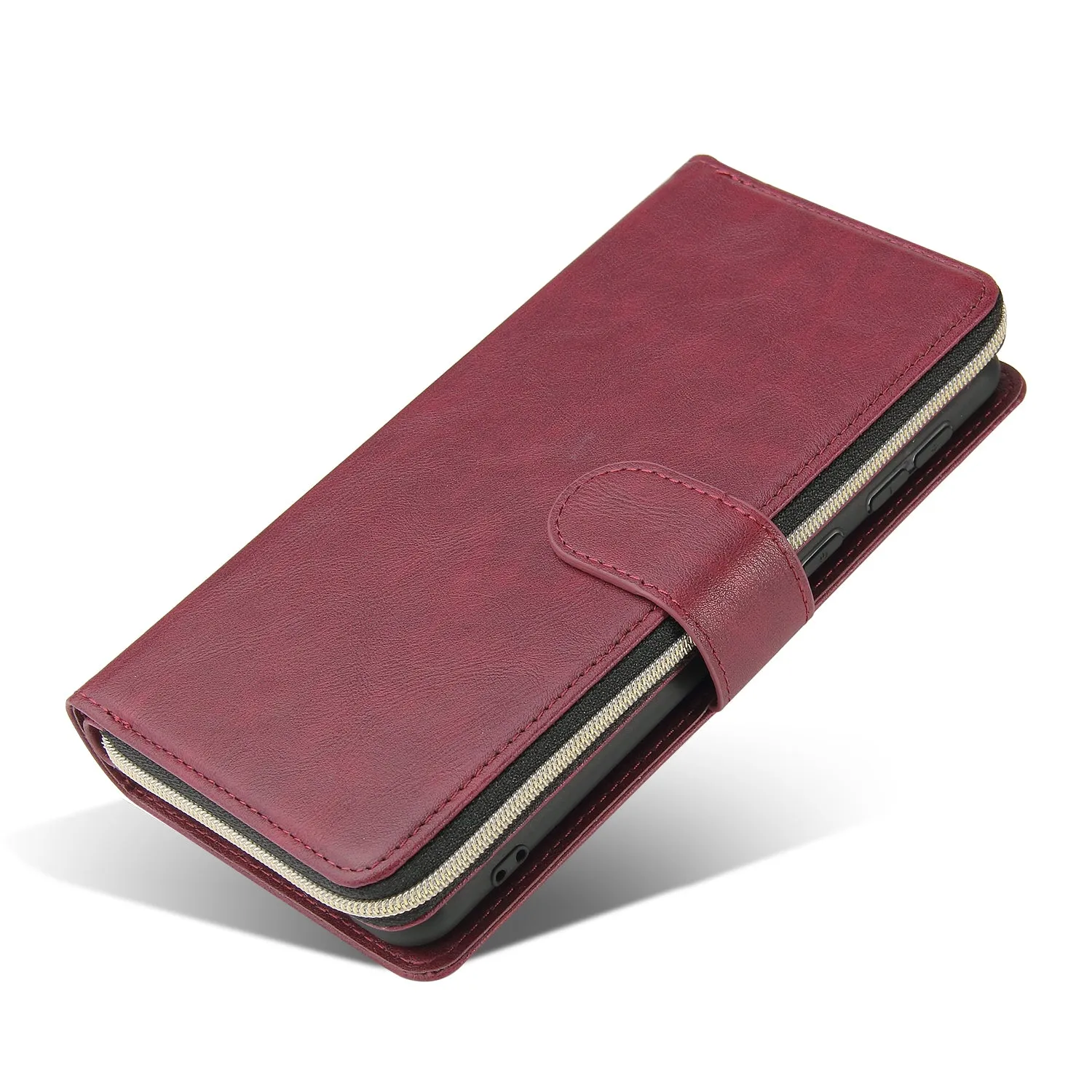 For Samsung A01/A21/A31/A41/A51 Pu Leather  Mobile Phone Cover Zipper Card Bag   Wrist Strap Red wine