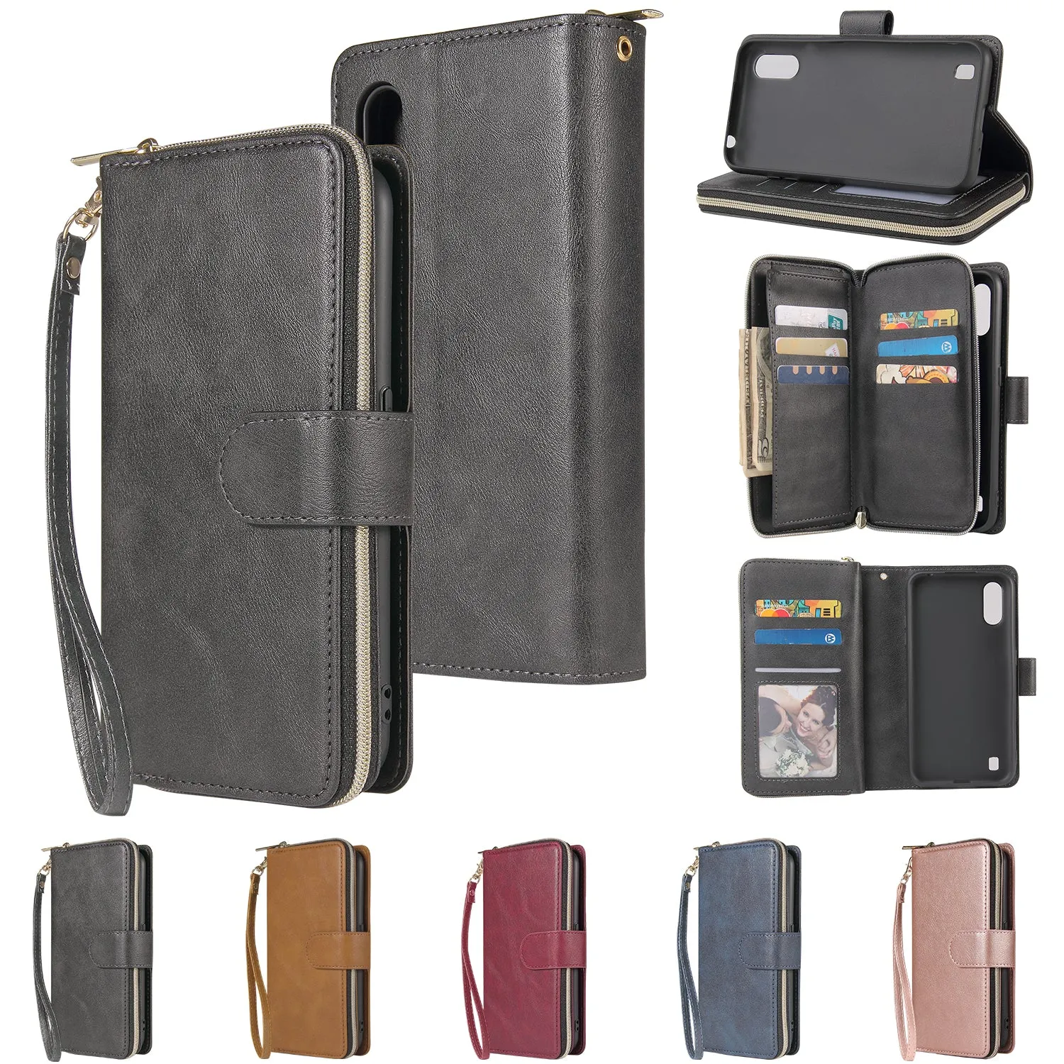 For Samsung A01/A21/A31/A41/A51 Pu Leather  Mobile Phone Cover Zipper Card Bag   Wrist Strap Red wine