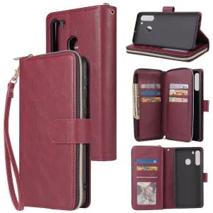 For Samsung A01/A21/A31/A41/A51 Pu Leather  Mobile Phone Cover Zipper Card Bag   Wrist Strap Red wine