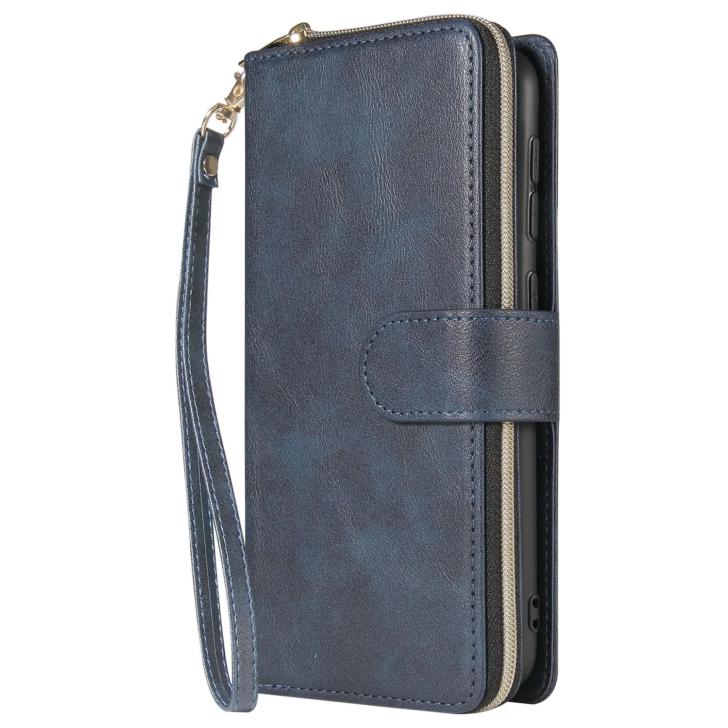 For Samsung A10/A20/A30/A50/A30S/A50S Pu Leather  Mobile Phone Cover Zipper Card Bag   Wrist Strap blue