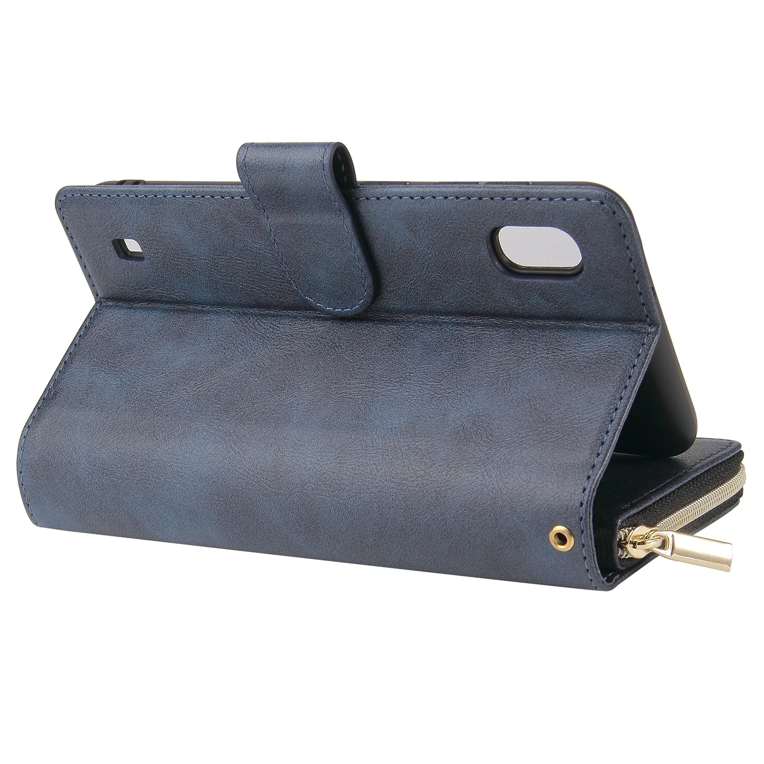 For Samsung A10/A20/A30/A50/A30S/A50S Pu Leather  Mobile Phone Cover Zipper Card Bag   Wrist Strap blue