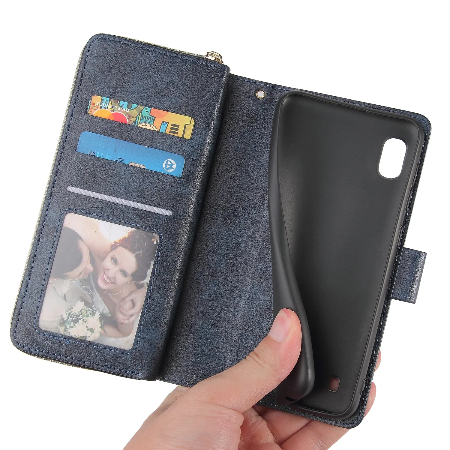 For Samsung A10/A20/A30/A50/A30S/A50S Pu Leather  Mobile Phone Cover Zipper Card Bag   Wrist Strap blue