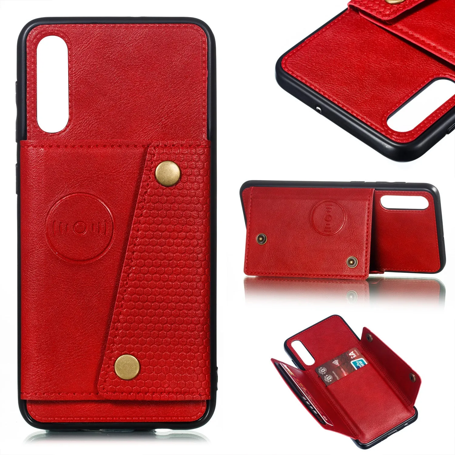 For Samsung A50 Double Buckle Non-slip Shockproof Cell Phone Case with Card Slot Bracket black
