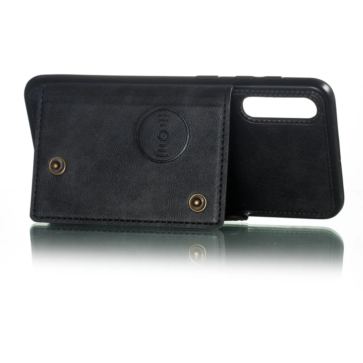 For Samsung A50 Double Buckle Non-slip Shockproof Cell Phone Case with Card Slot Bracket black