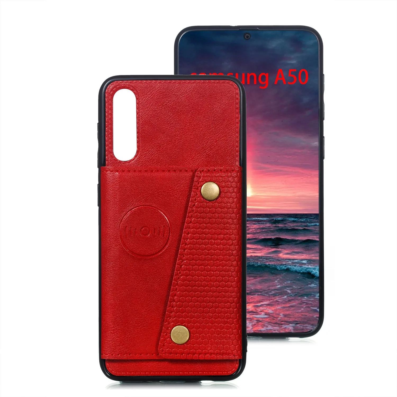 For Samsung A50 Double Buckle Non-slip Shockproof Cell Phone Case with Card Slot Bracket black