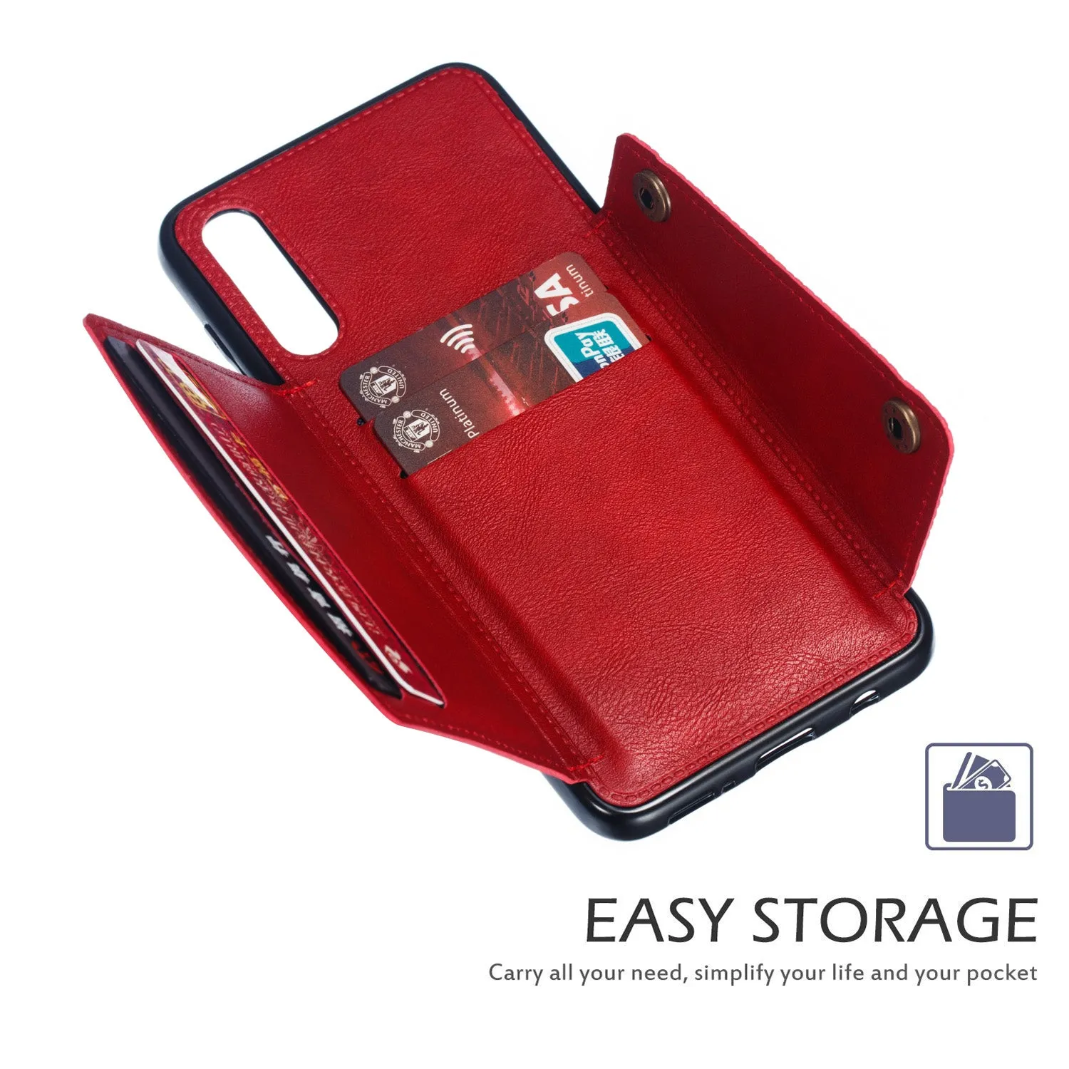 For Samsung A50 Double Buckle Non-slip Shockproof Cell Phone Case with Card Slot Bracket black
