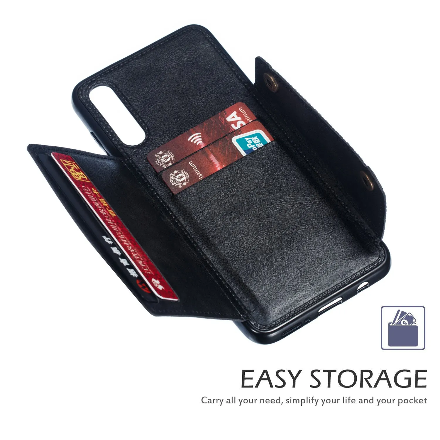 For Samsung A50 Double Buckle Non-slip Shockproof Cell Phone Case with Card Slot Bracket black
