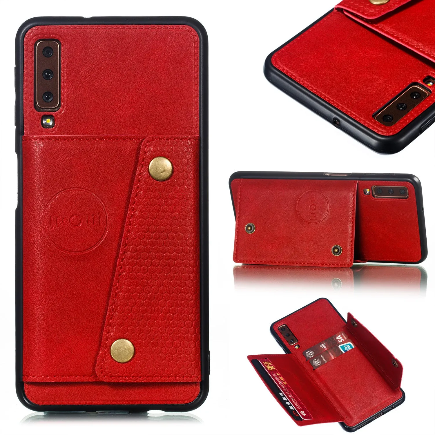 For Samsung A750/A7 2018 Double Buckle Non-slip Shockproof Cell Phone Case with Card Slot Bracket blue