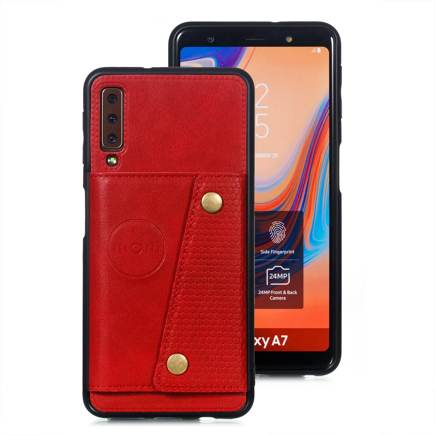 For Samsung A750/A7 2018 Double Buckle Non-slip Shockproof Cell Phone Case with Card Slot Bracket blue