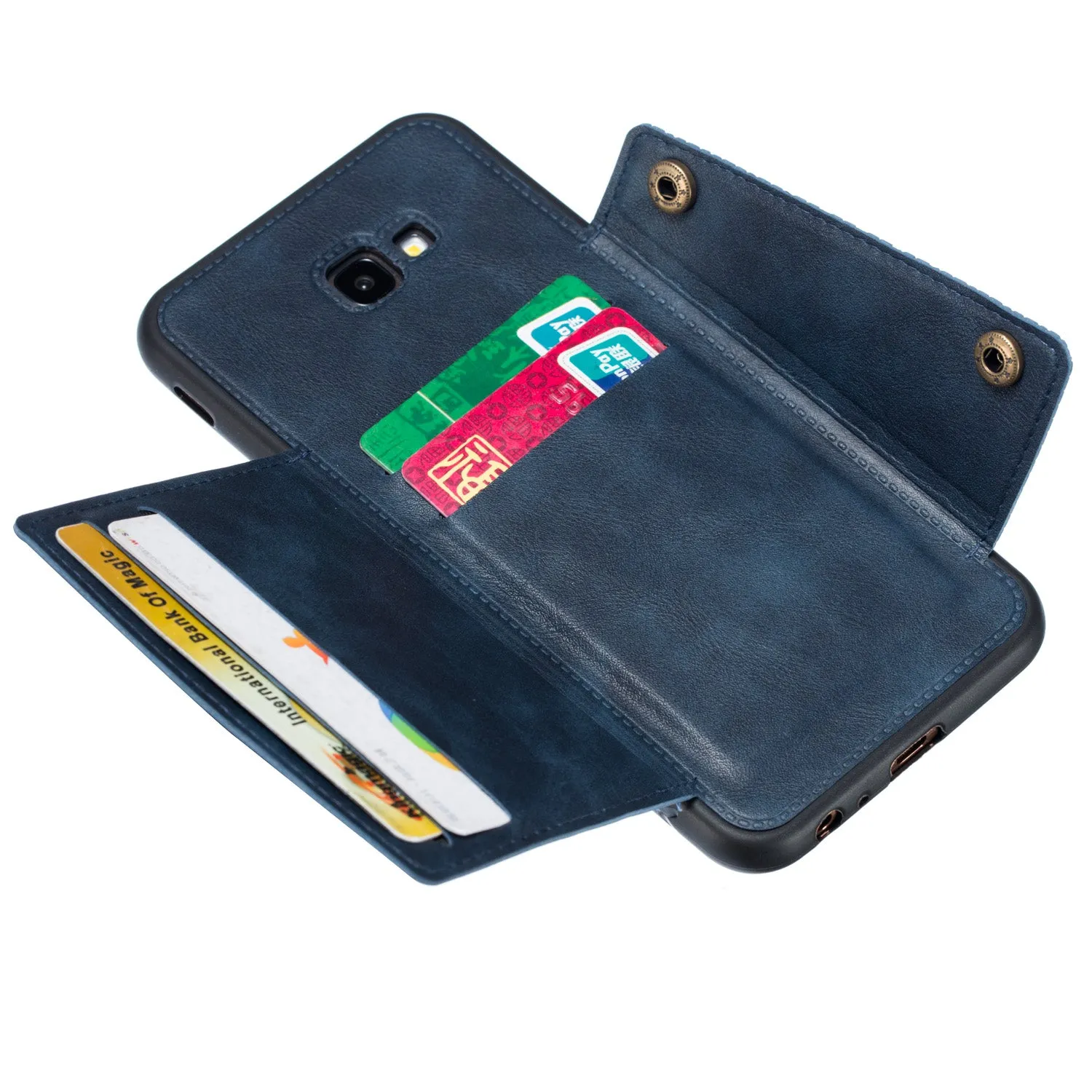 For Samsung J4 PLUS PU Protective Phone Back Case with Card Slot Bracket blue