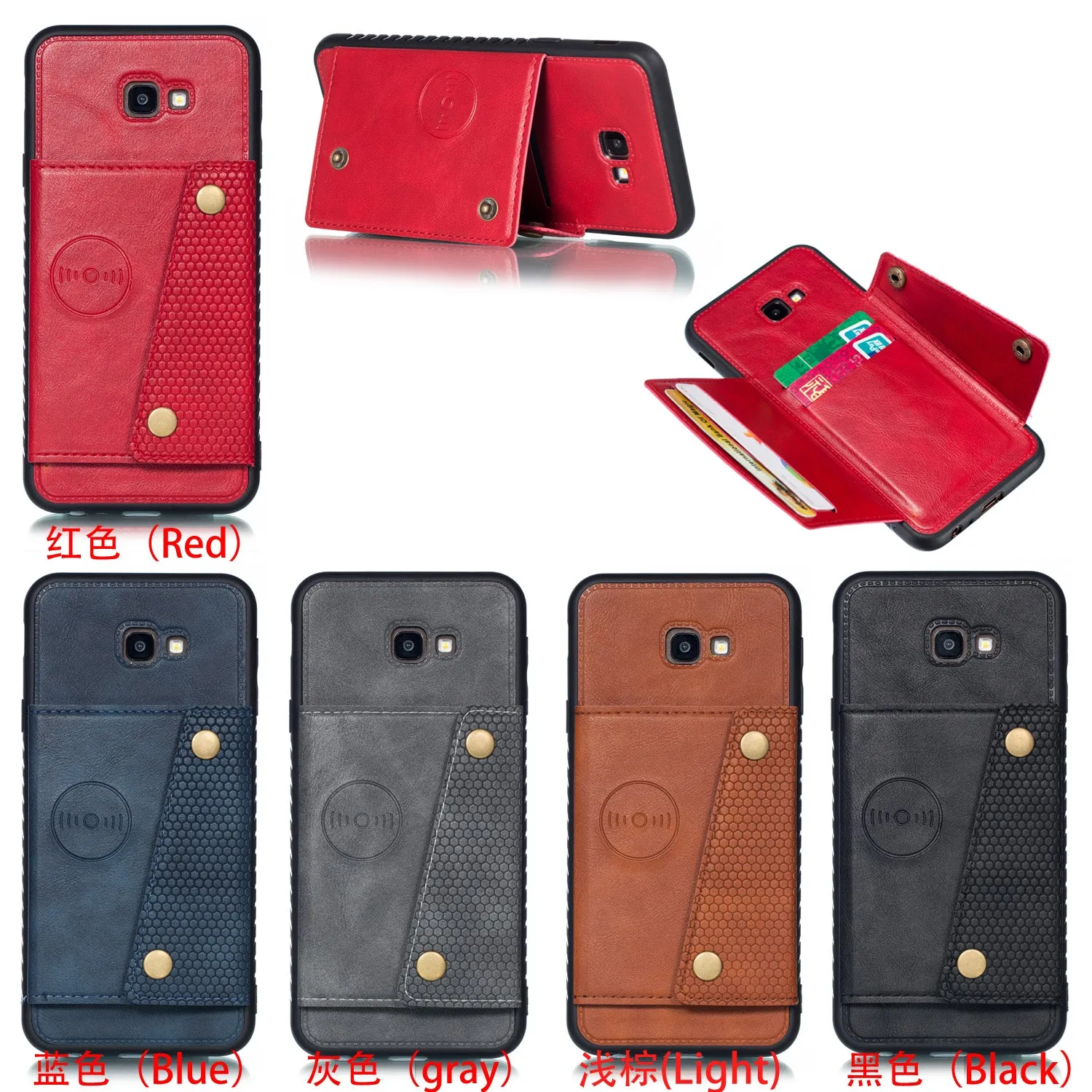 For Samsung J4 PLUS PU Protective Phone Back Case with Card Slot Bracket blue