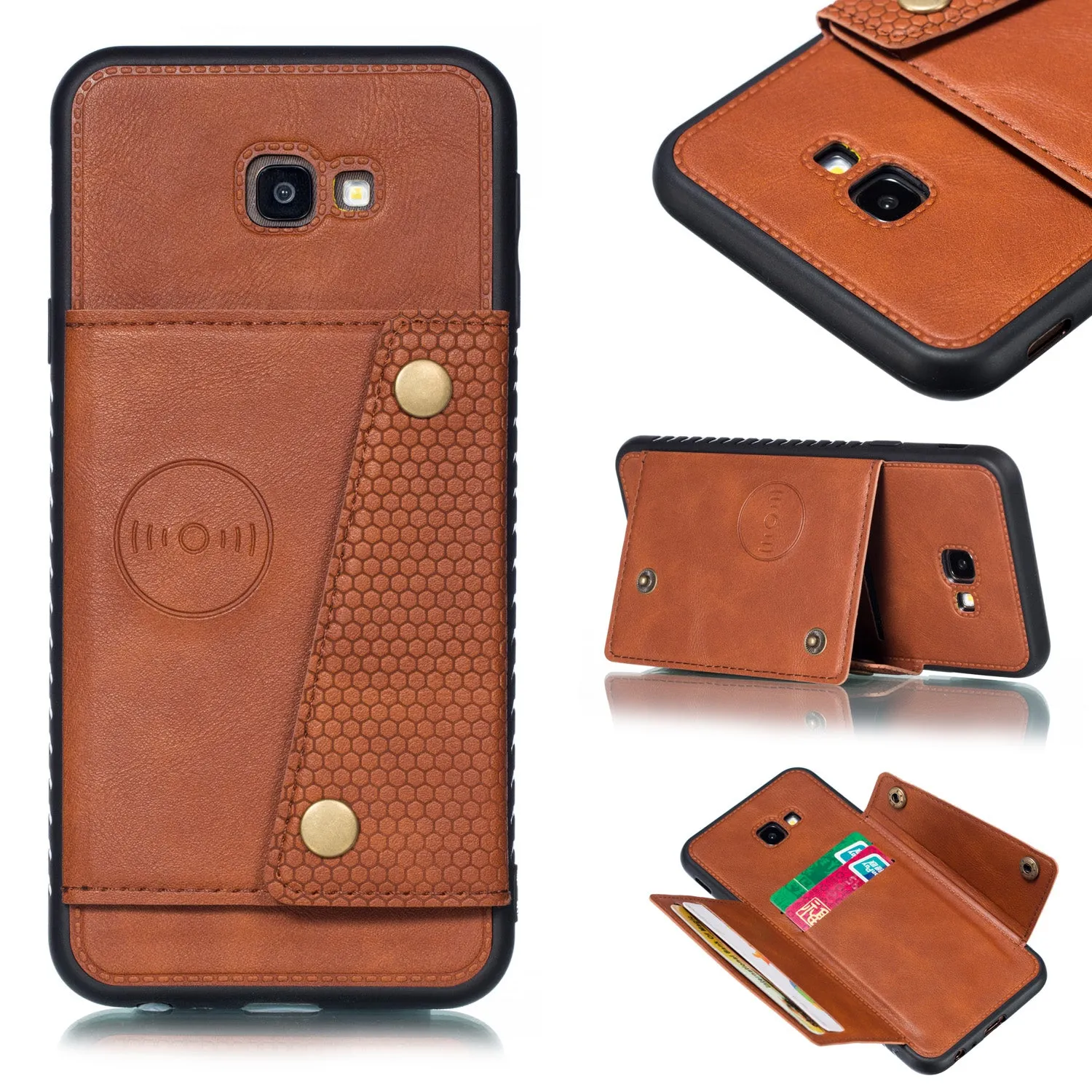 For Samsung J4 PLUS PU Protective Phone Back Case with Card Slot Bracket Light Brown