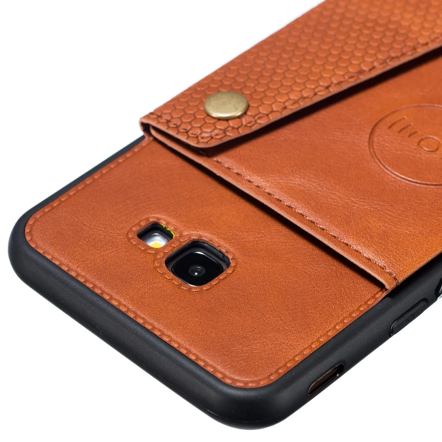 For Samsung J4 PLUS PU Protective Phone Back Case with Card Slot Bracket Light Brown