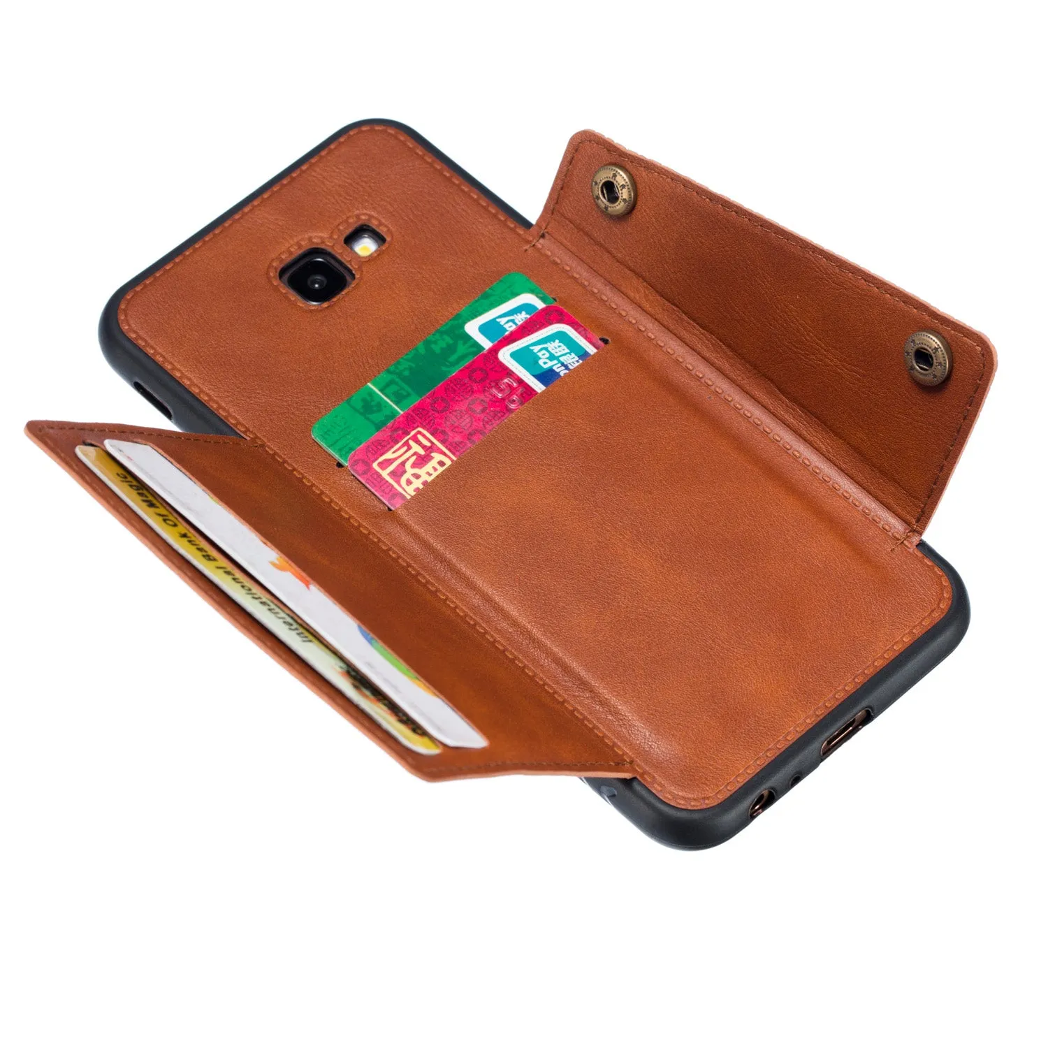 For Samsung J4 PLUS PU Protective Phone Back Case with Card Slot Bracket Light Brown
