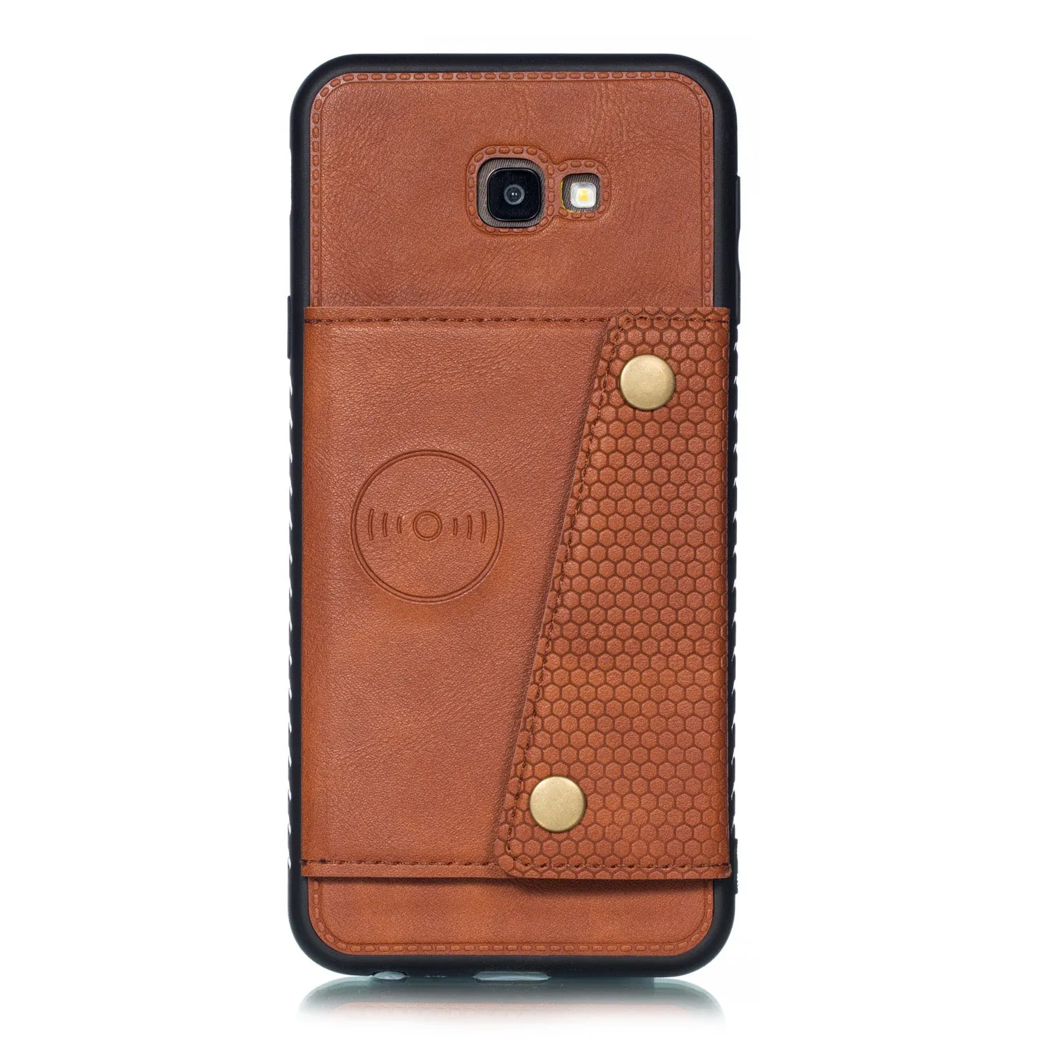 For Samsung J4 PLUS PU Protective Phone Back Case with Card Slot Bracket Light Brown