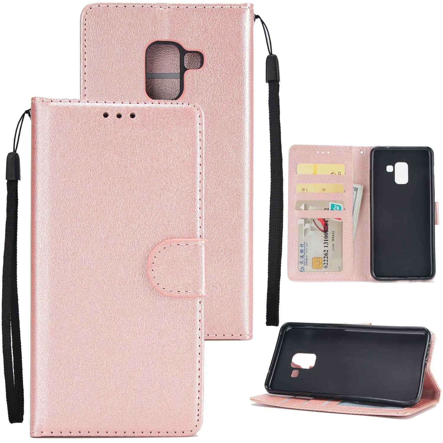 For Samsung J6 2018 PU Cell Phone Case Non-slip Shockproof Protective Case with Card Slot  Rose gold