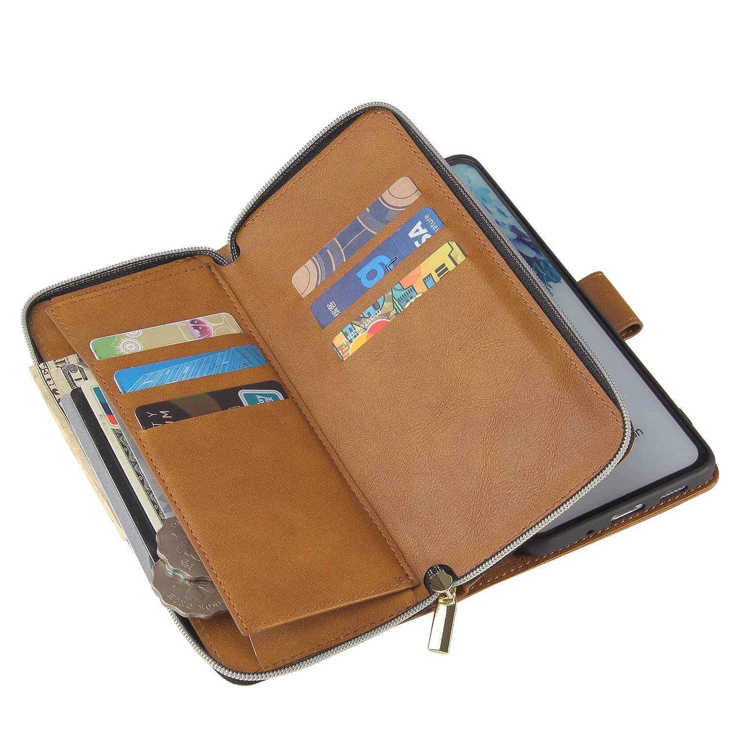 For Samsung S10/S20/S10E/ S10 Plus Pu Leather  Mobile Phone Cover Zipper Card Bag   Wrist Strap brown