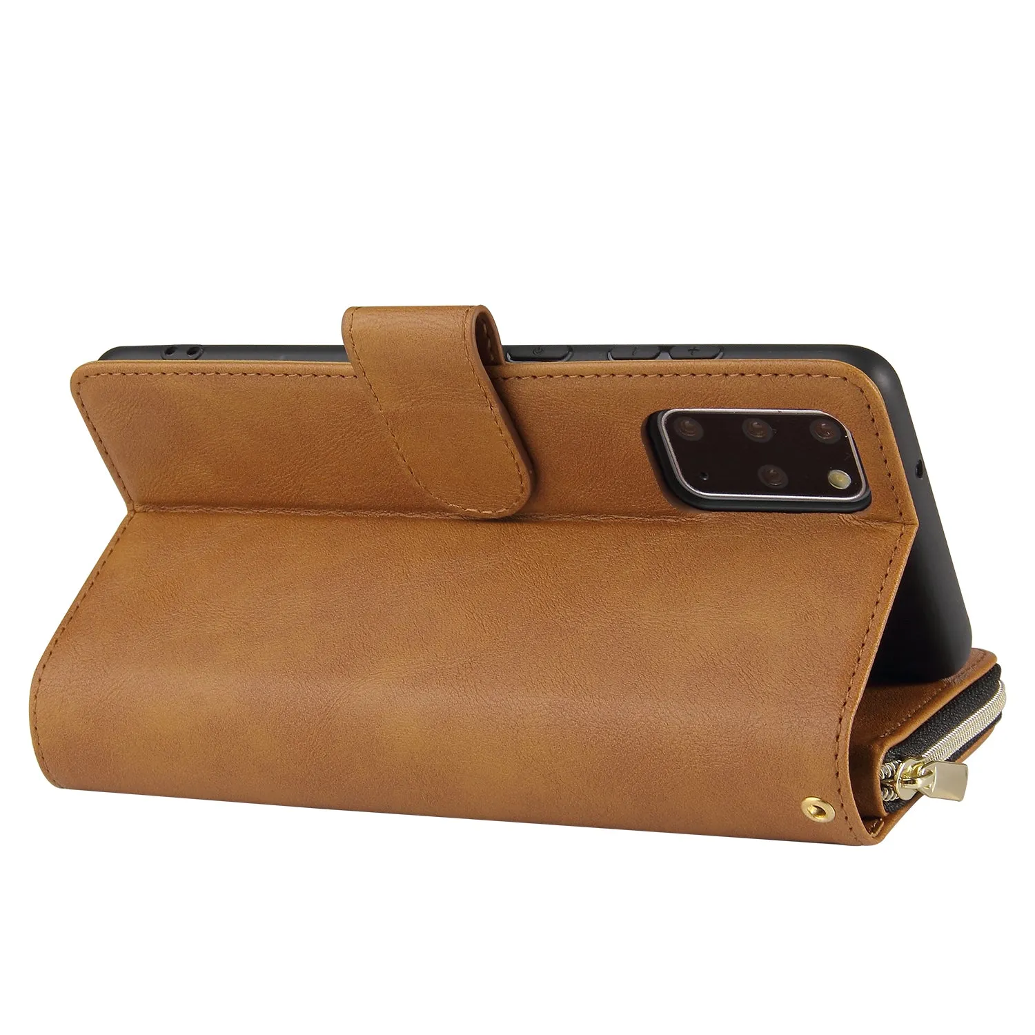 For Samsung S10/S20/S10E/ S10 Plus Pu Leather  Mobile Phone Cover Zipper Card Bag   Wrist Strap brown