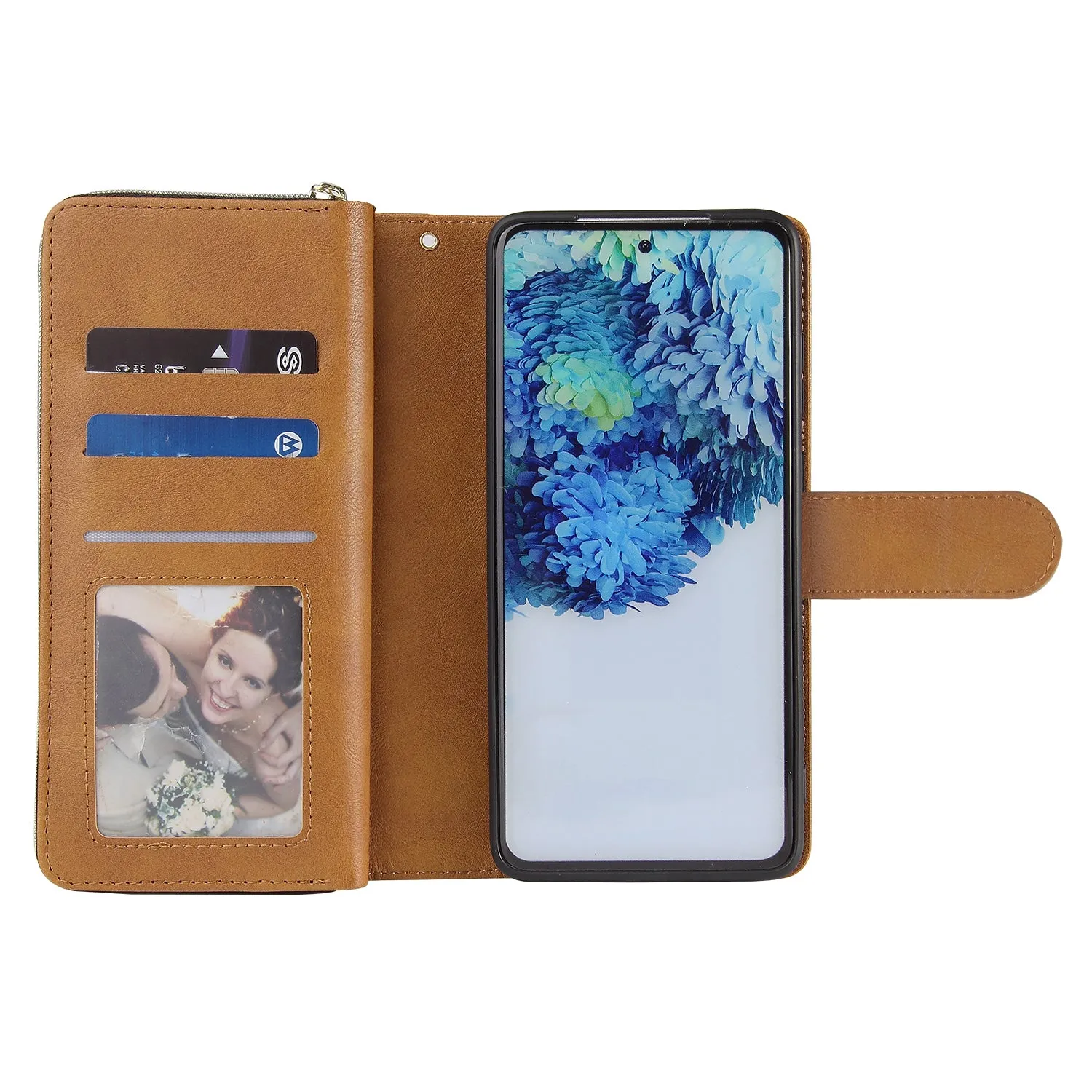 For Samsung S10/S20/S10E/ S10 Plus Pu Leather  Mobile Phone Cover Zipper Card Bag   Wrist Strap brown