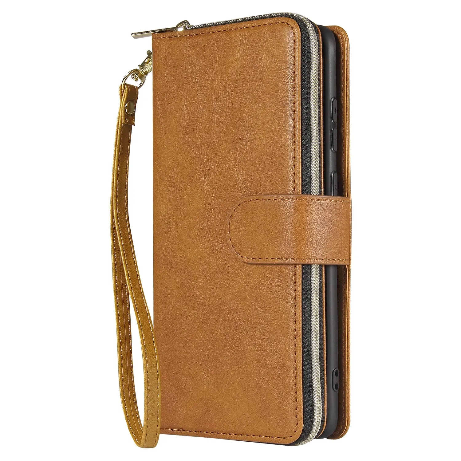 For Samsung S10/S20/S10E/ S10 Plus Pu Leather  Mobile Phone Cover Zipper Card Bag   Wrist Strap brown