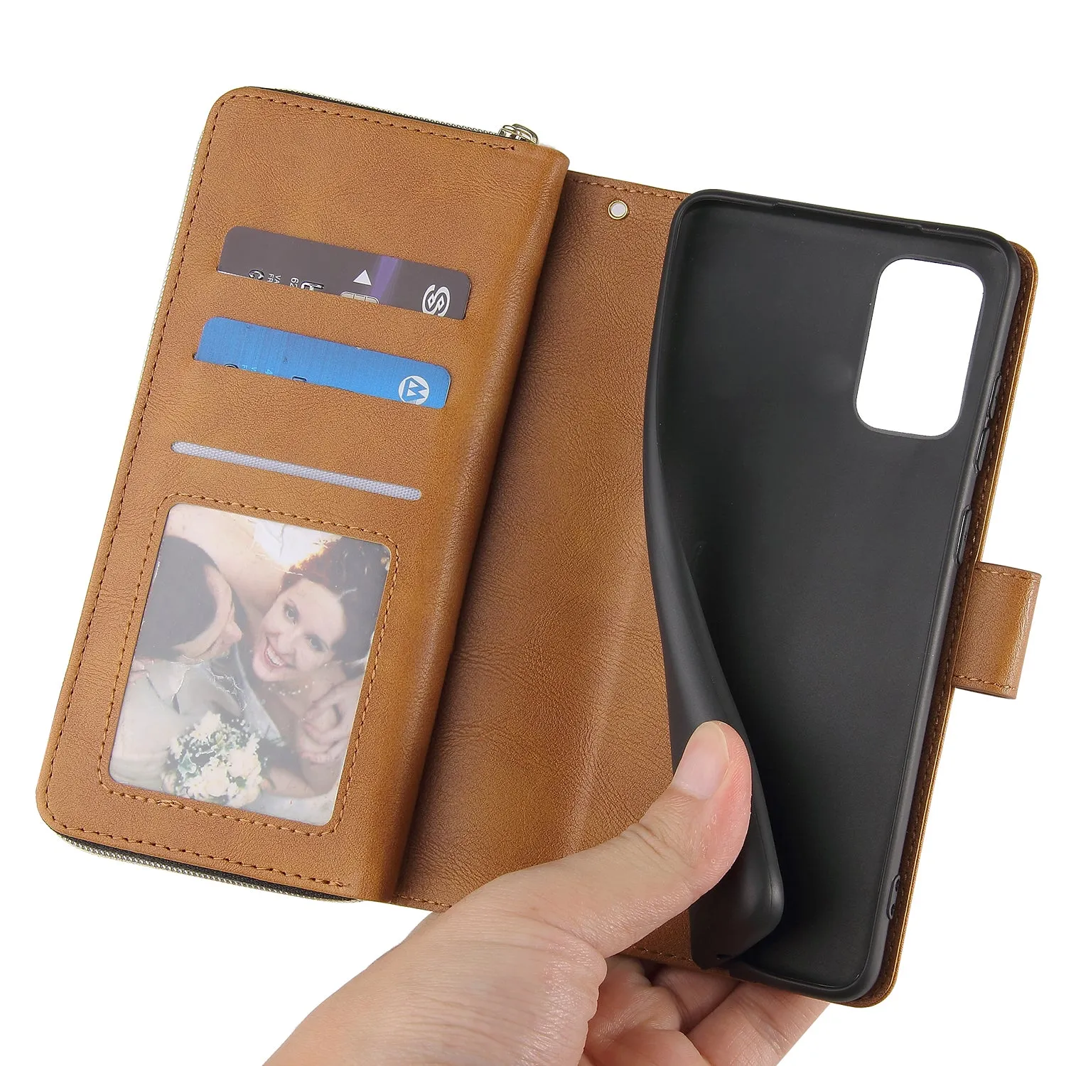 For Samsung S10/S20/S10E/ S10 Plus Pu Leather  Mobile Phone Cover Zipper Card Bag   Wrist Strap brown