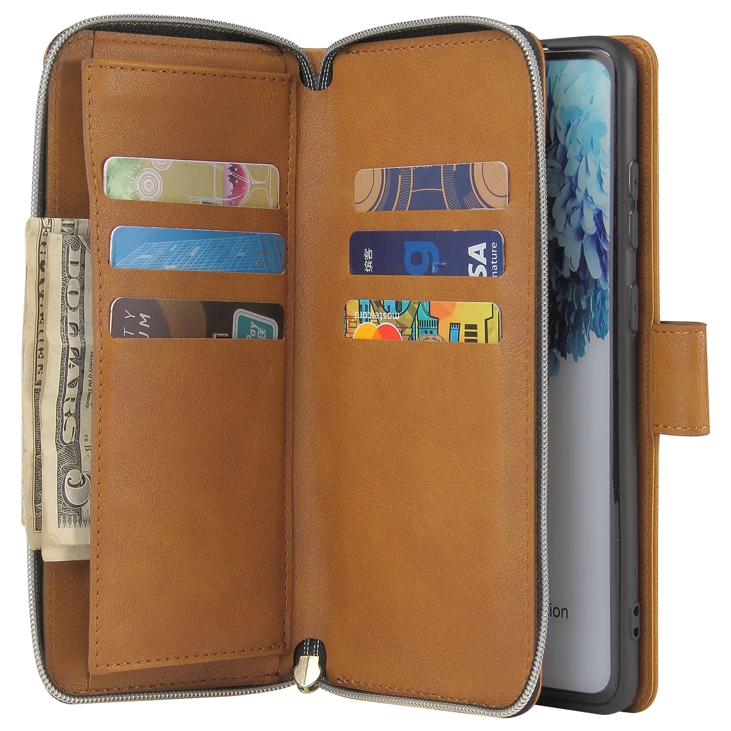 For Samsung S10/S20/S10E/ S10 Plus Pu Leather  Mobile Phone Cover Zipper Card Bag   Wrist Strap brown
